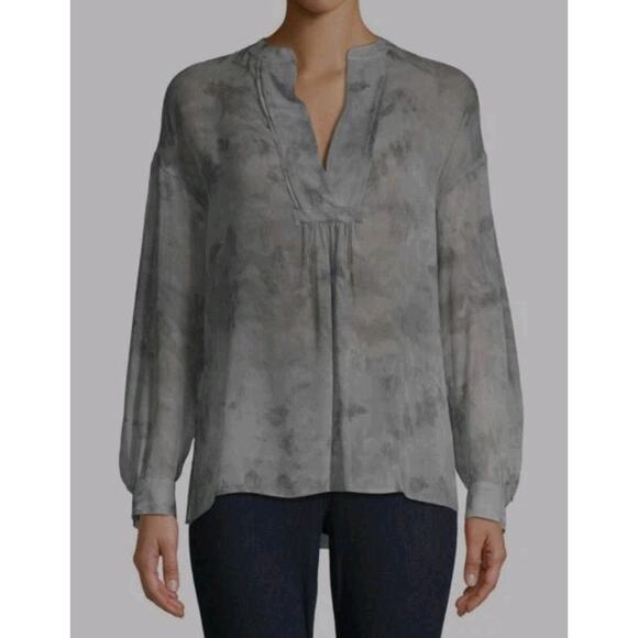 VINCE WATERCOLOR MARBLED SHIRRED 100%SILK BLOUSE TOP DARK SMOKE GREY S - Picture 1 of 9